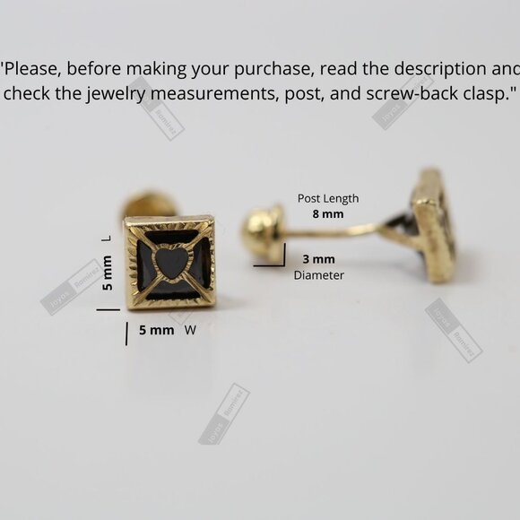5mm Solid 14K Gold Square Stud Earrings with Black Heart Center • Elegant Design - Picture 8 of 8